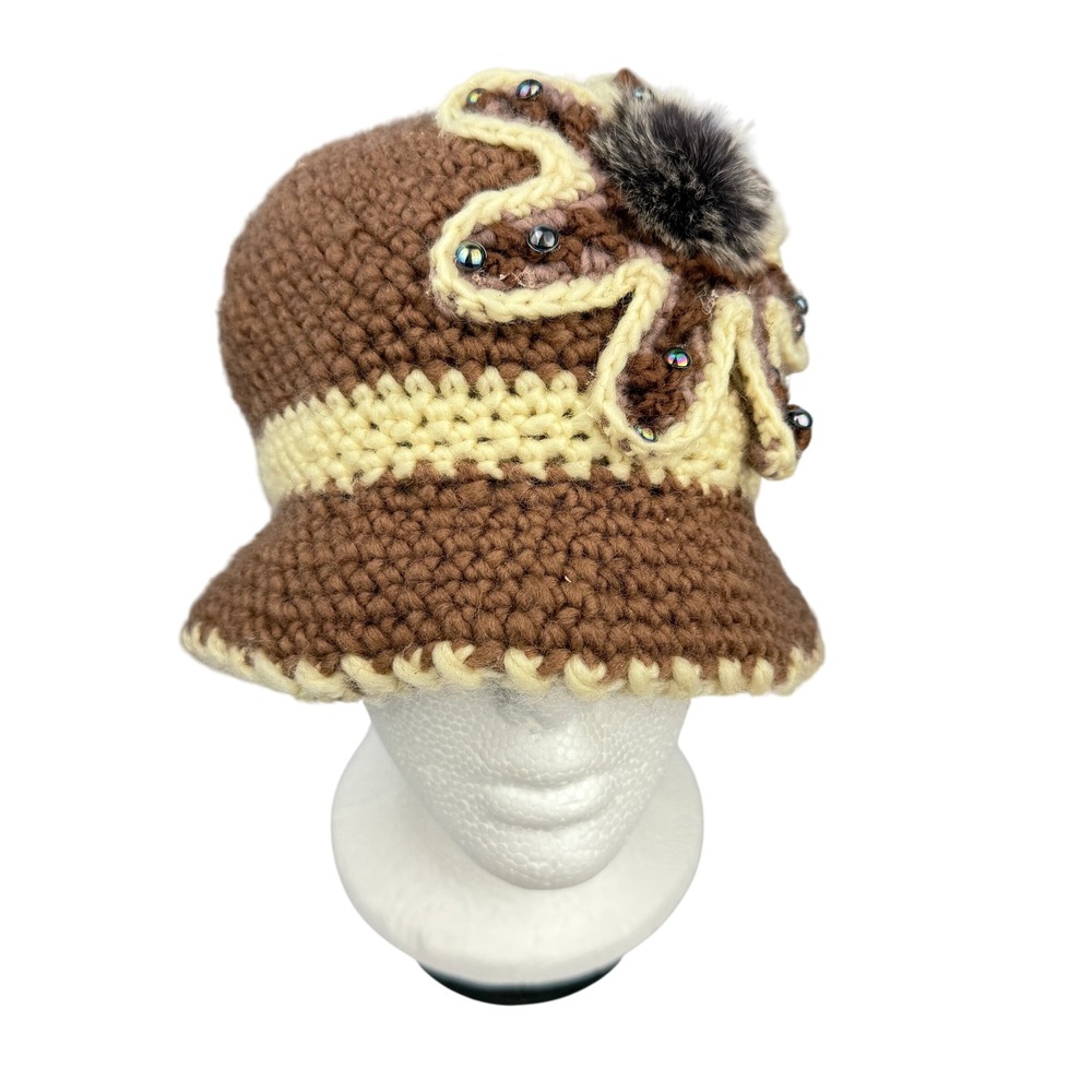 Handmade Crochet Beaded Brim Hat Faux Fur Pom Chunky Yarn Lined Boho Retro